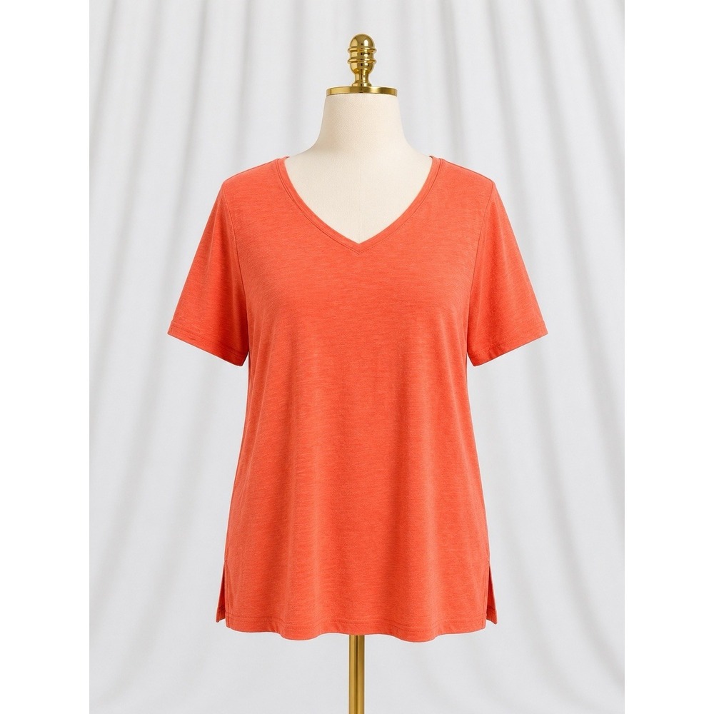 Chicos The Ultimate Tee Size 2 US Large Orange Slub Modal Cotton Knit Short‎ Slv
